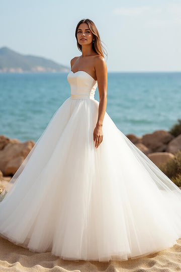 Court Train Tulle A Line Sweetheart Ivory Wedding Dress